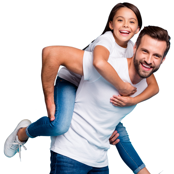 man smiling with daughter climbing on back